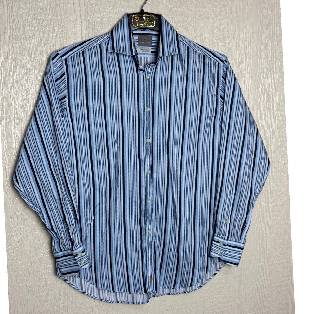 Thomas Dean Mens Blue Multi Stripe Pima Cotton Button Down Shirt Large